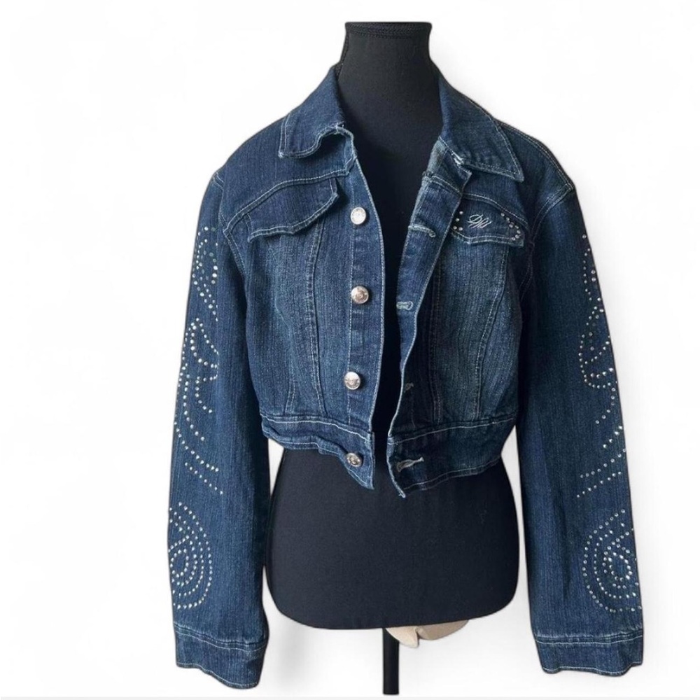 Women's Dark Blue Crop Denim Jacket with Rhinestone Details - Picture 3 of 6